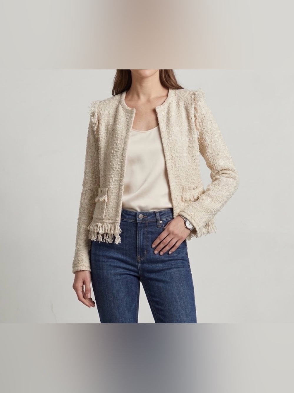 Lilly Pulitzer Simora Cardigan Size M Cream Metallic Gold Luxe Tweed Fringe